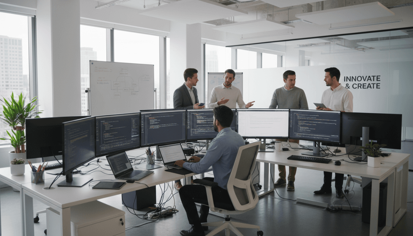 Software development team working together on a project in a modern office with technology and bright natural lighting