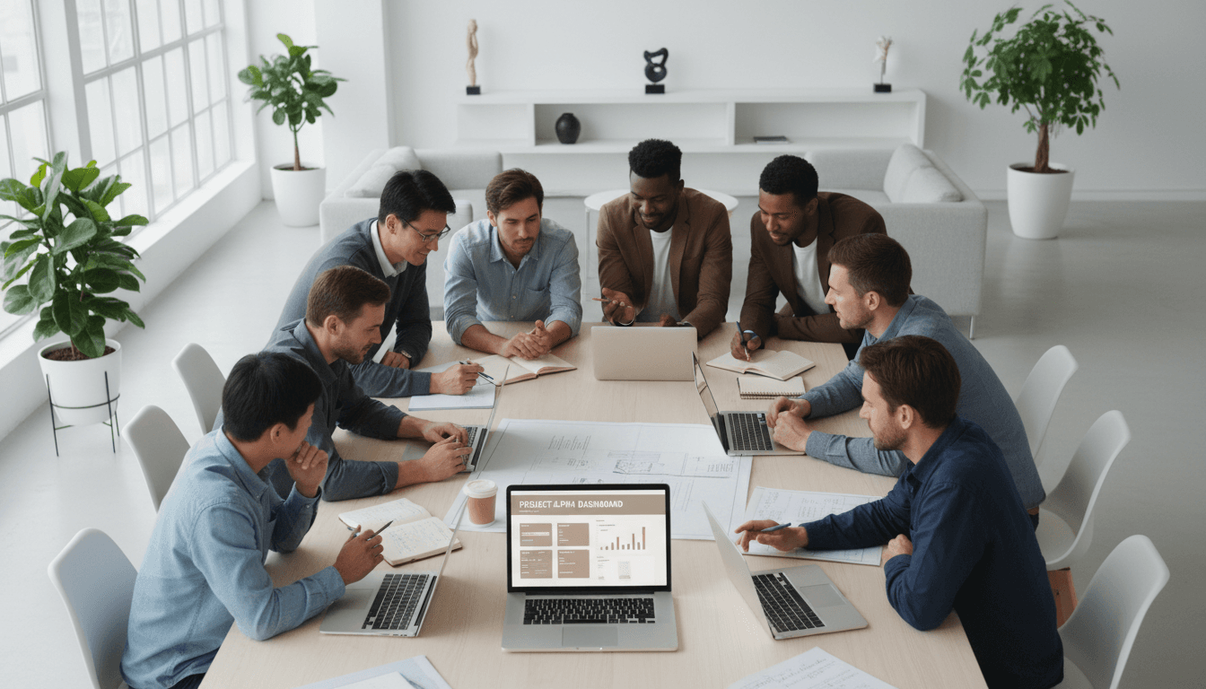 Team reviewing AI integration dashboard with data insights