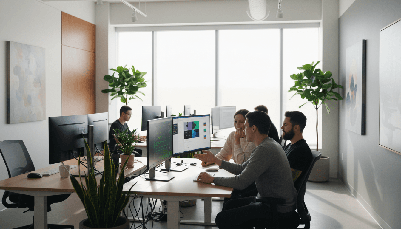 Professional team working on digital products and software development in modern tech studio